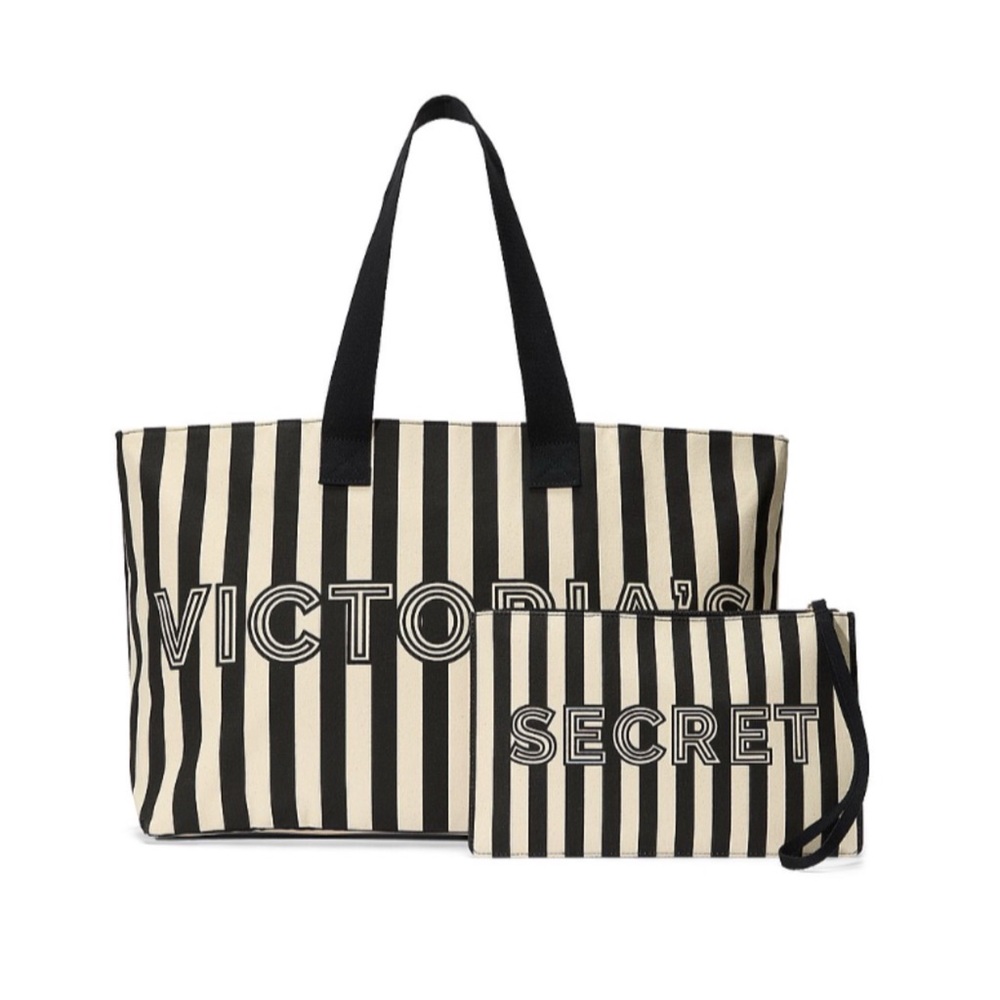 Victoria's Secret Graphic Black and White Striped Tote And Wristlet Set